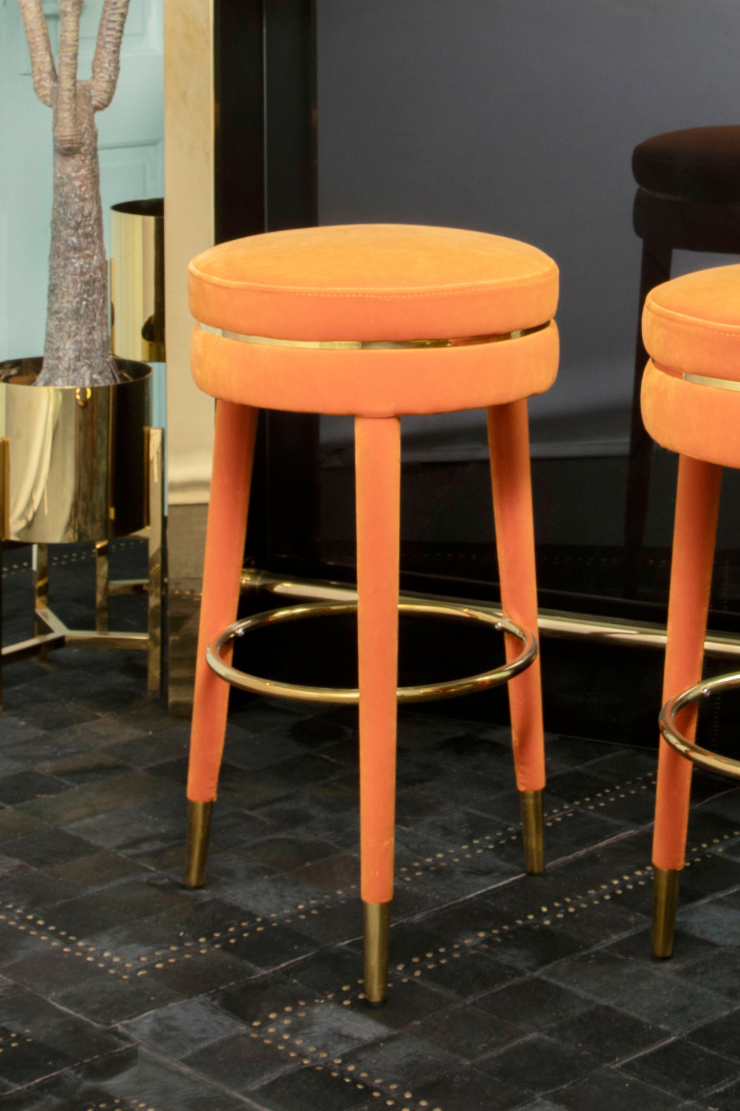 Manha Orange Velvet Bar Stool